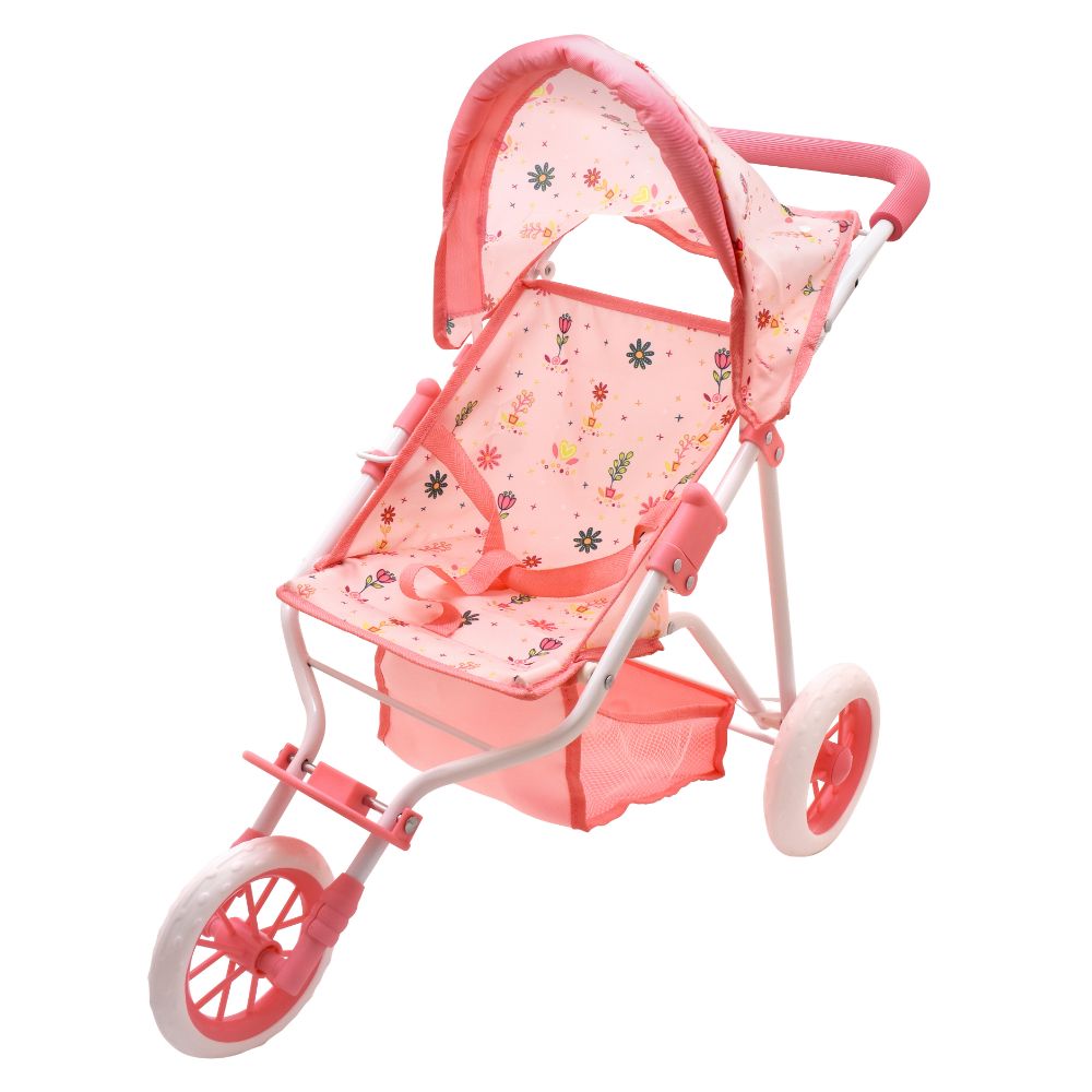 Dollsworld - Deluxe 3 Wheel Folding Stroller With Canopy And Basket For Dolls - Pink