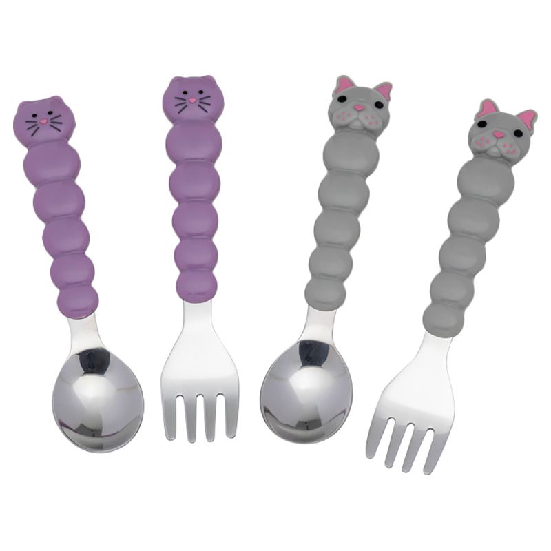 Melii - Spoons & Forks Set - 4pcs - Purple Cat & Grey Bulldog