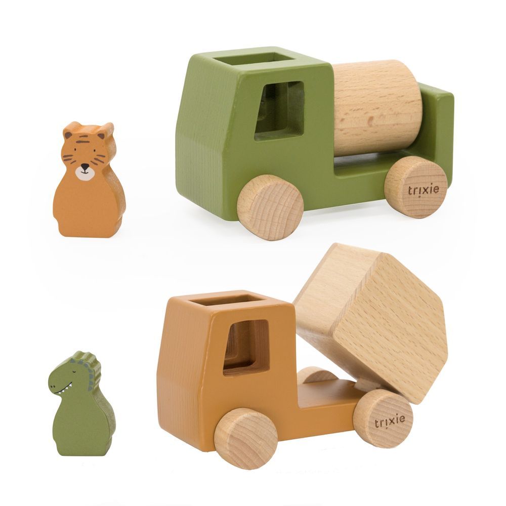 Trixie - Wooden Animal Construction Car Set With Mr. Dino And Mr. Tiger - 4 Pcs