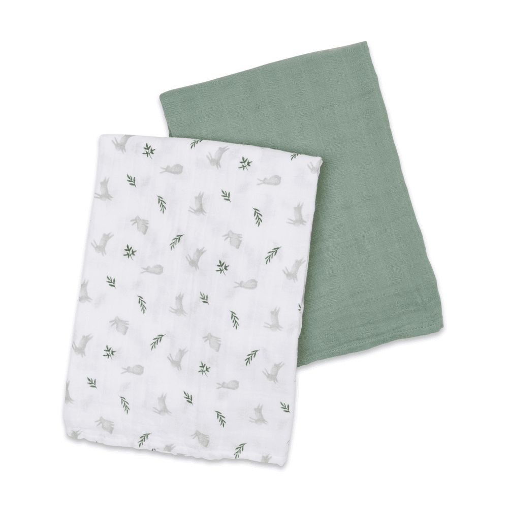 Lulujo - Cotton Swaddles - Bunny And Fern - 2 Pcs