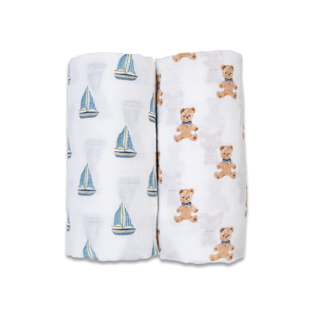 lulujo - Vintage Teddy & Sailboats Cotton Swaddles - 2 Pcs