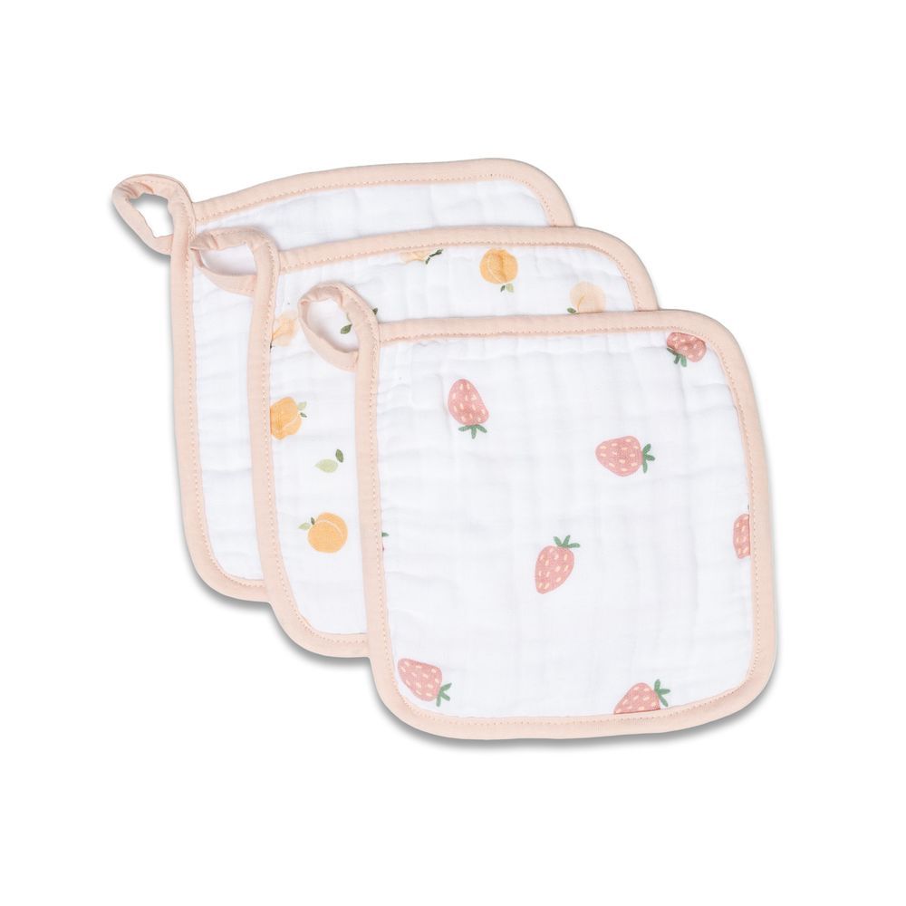 lulujo - Peaches White & Strawberries Wash Cloths - 3 Pcs