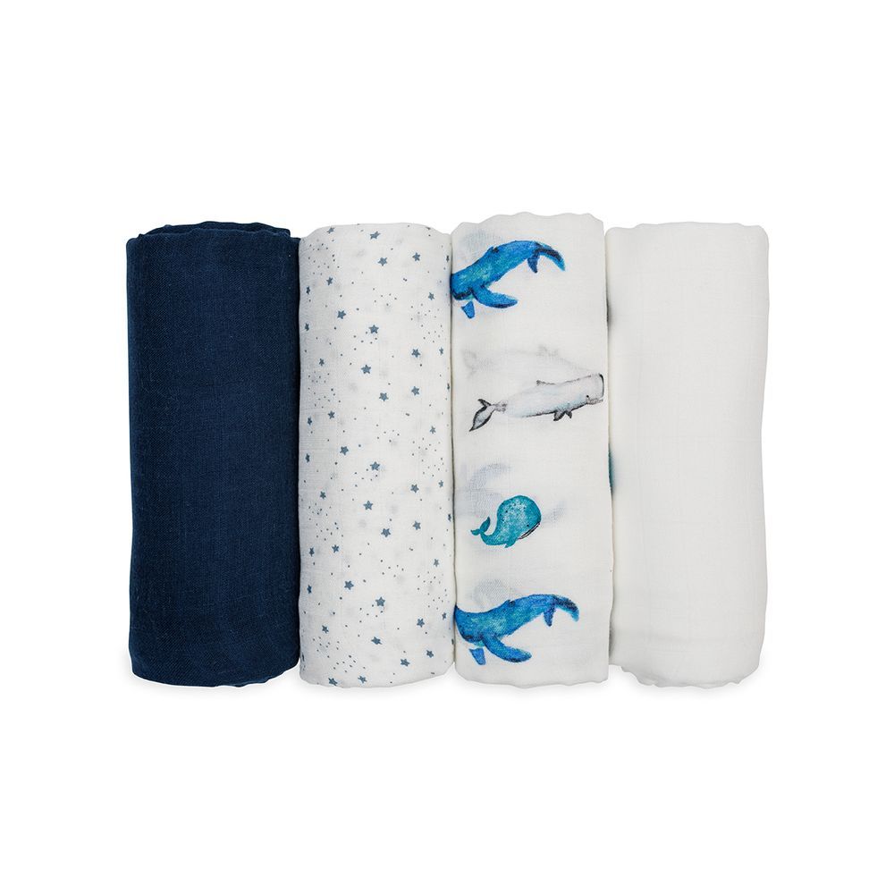 Lulujo - 4pc-Set - Bamboo Muslin Swaddle Blankets - Whales & Stars