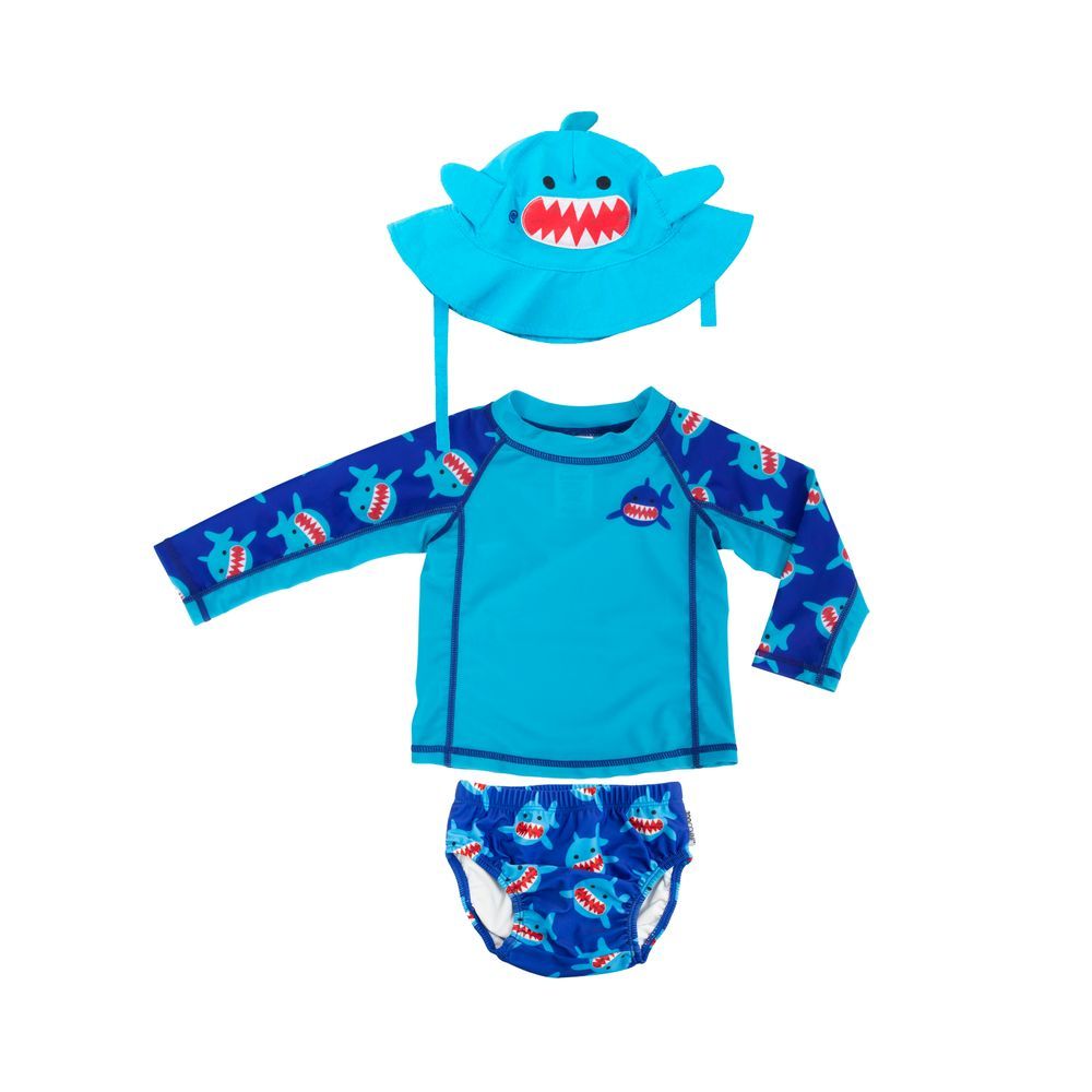 Zoocchini - Baby Swim Set – Rash Guard Top, Swim Diaper & Sun Hat - Shark