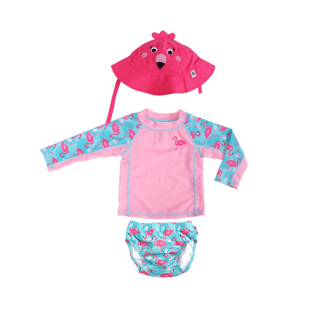 Zoocchini - Baby Swim Set – Rash Guard Top, Swim Diaper & Sun Hat - Flamingo