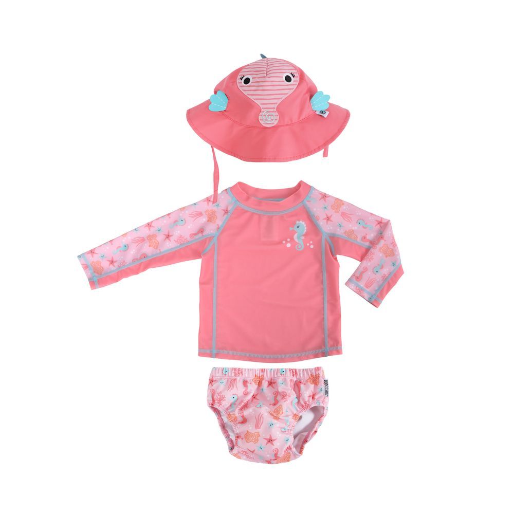 Zoocchini - Baby Swim Set – Rash Guard Top, Swim Diaper & Sun Hat - Seahorse