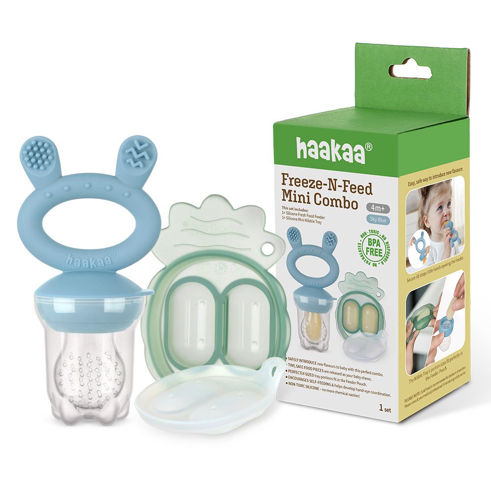 Haakaa - Freeze-N-Feed Fresh Food Feeder Teether And Nibble Tray Set - Sky Blue - 2pcs