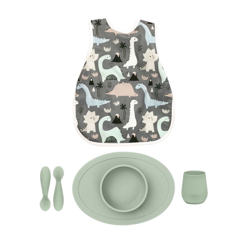 Ezpz - First Food And Bapronbaby Dino Bib Set - Sage - 5 Pcs