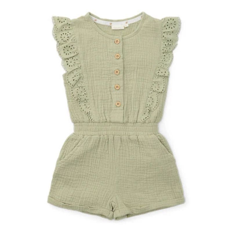 Little Dutch - Girl's Muslin Broderie Jumpsuit - Grass Green