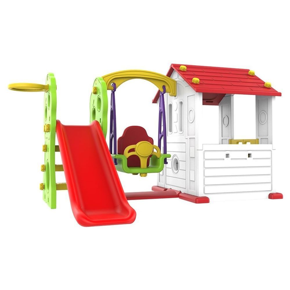 Factual Toys - Panda's Tomo Playhouse - Slide W/ Baby Swing - White & Red