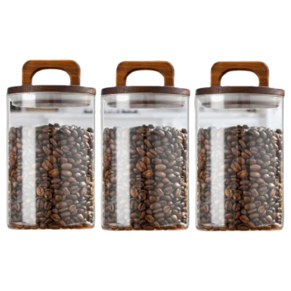 1Chase - Glass Food Storage Jar w/ Acacia Wood Lid - 1 L - 3pcs