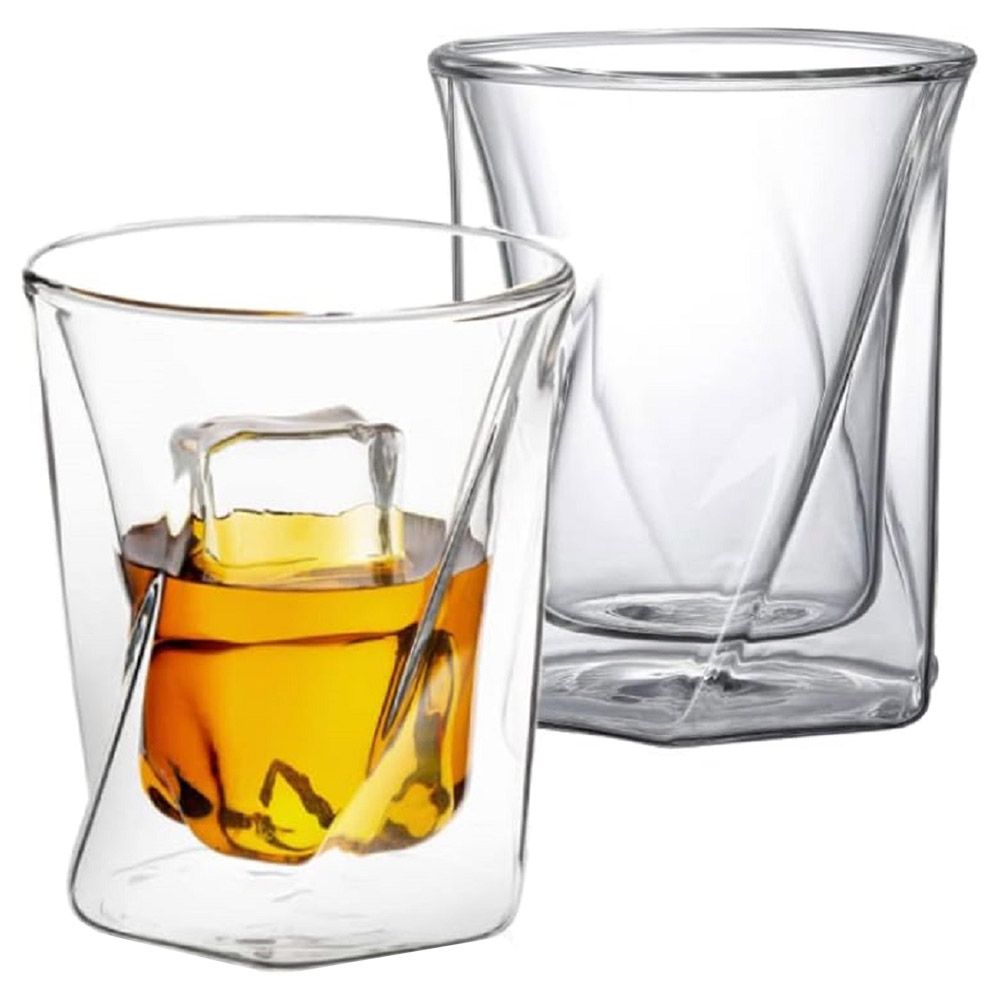 1Chase - Double Wall Hexagon Shape Drinking Glass - 350 ml - 2pcs