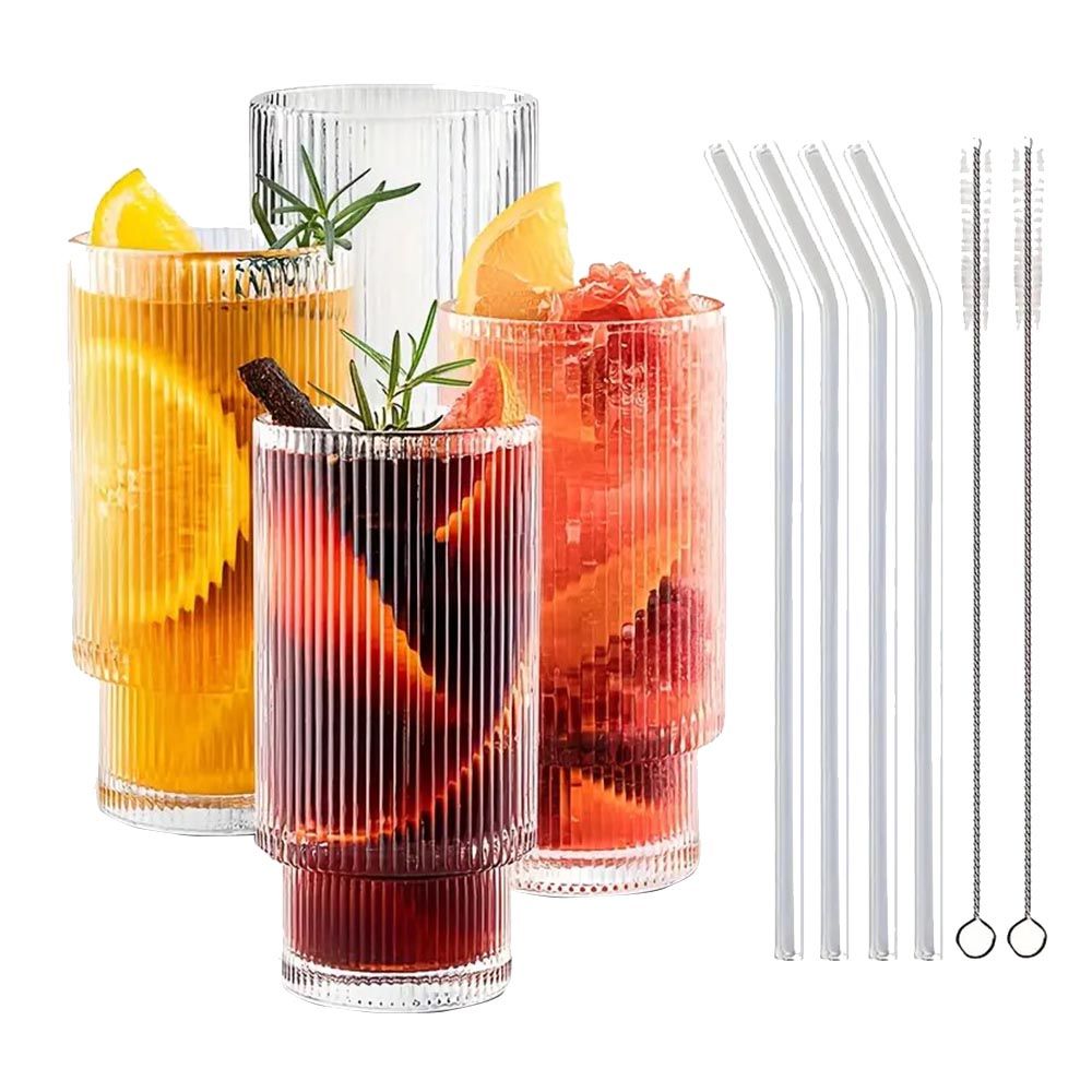 1Chase - Ribbed Drinking Glass With Straw - 330 ml - Pack of 4