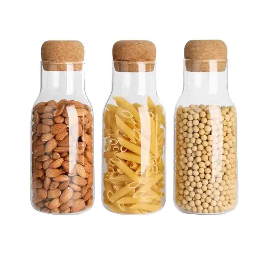 1Chase - Borosilicate Glass Storage Jar With Cork Lid - 750 ml - Pack of 3