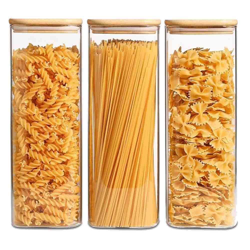 1Chase - Glass Square Storage Jar With Bamboo Lid - 1.8 L - Pack of 3