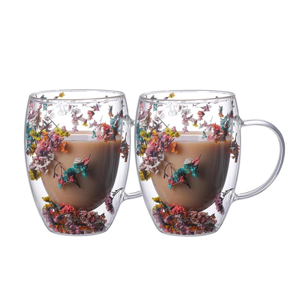 1Chase - Flower Design Glass Coffee Cup With Handle - 350 ml - Pack of 2