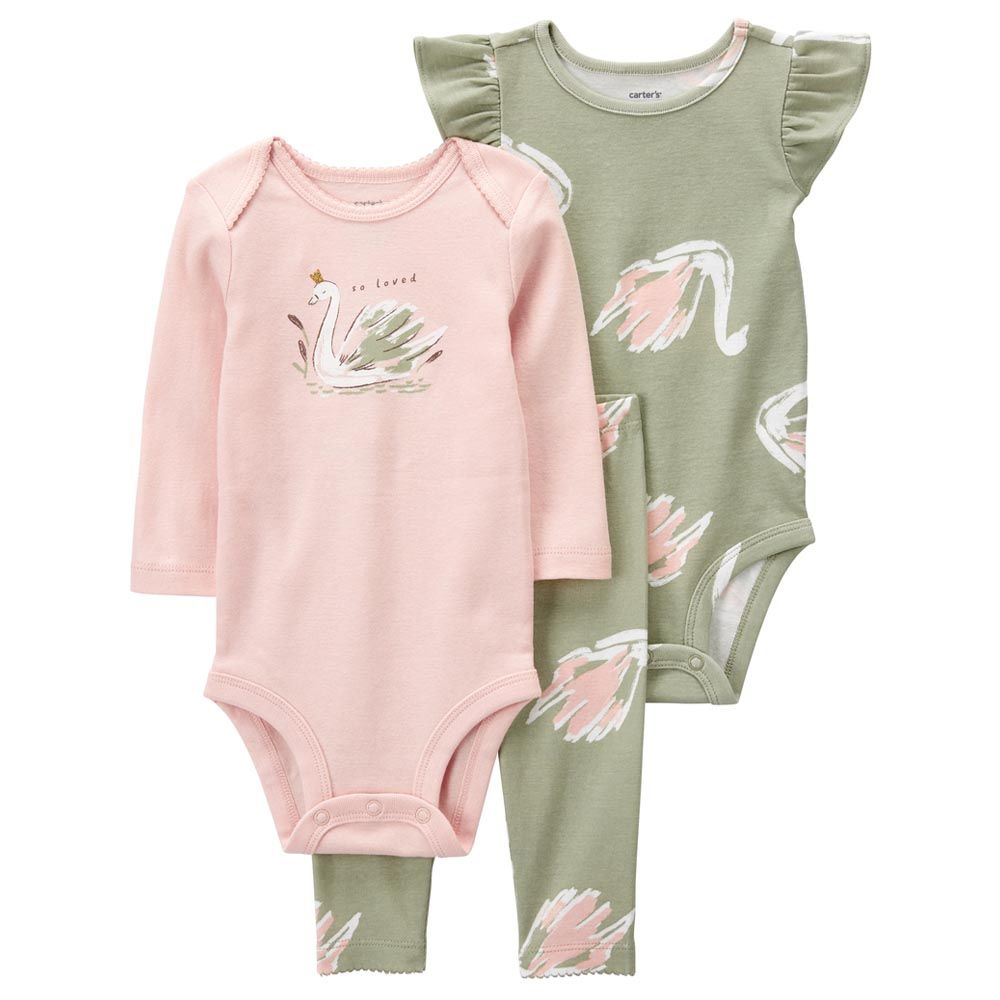 Carters - 3pc-Set - Swan Little Character Bodysuit And Pants - Pink/Green