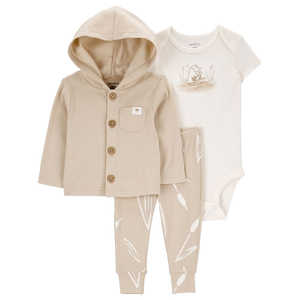 Carters - 3pc-Set - Little Cardigan With Bodysuit & Pants - Brown/White