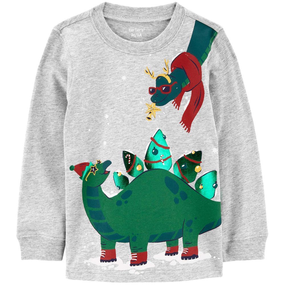 Carters - Baby Christmas Dinosaur Jersey Tee - Grey