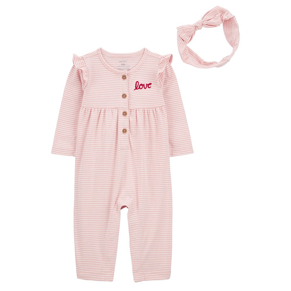 Carters - 2pc-Set - Striped Jumpsuit And Headwrap - Pink