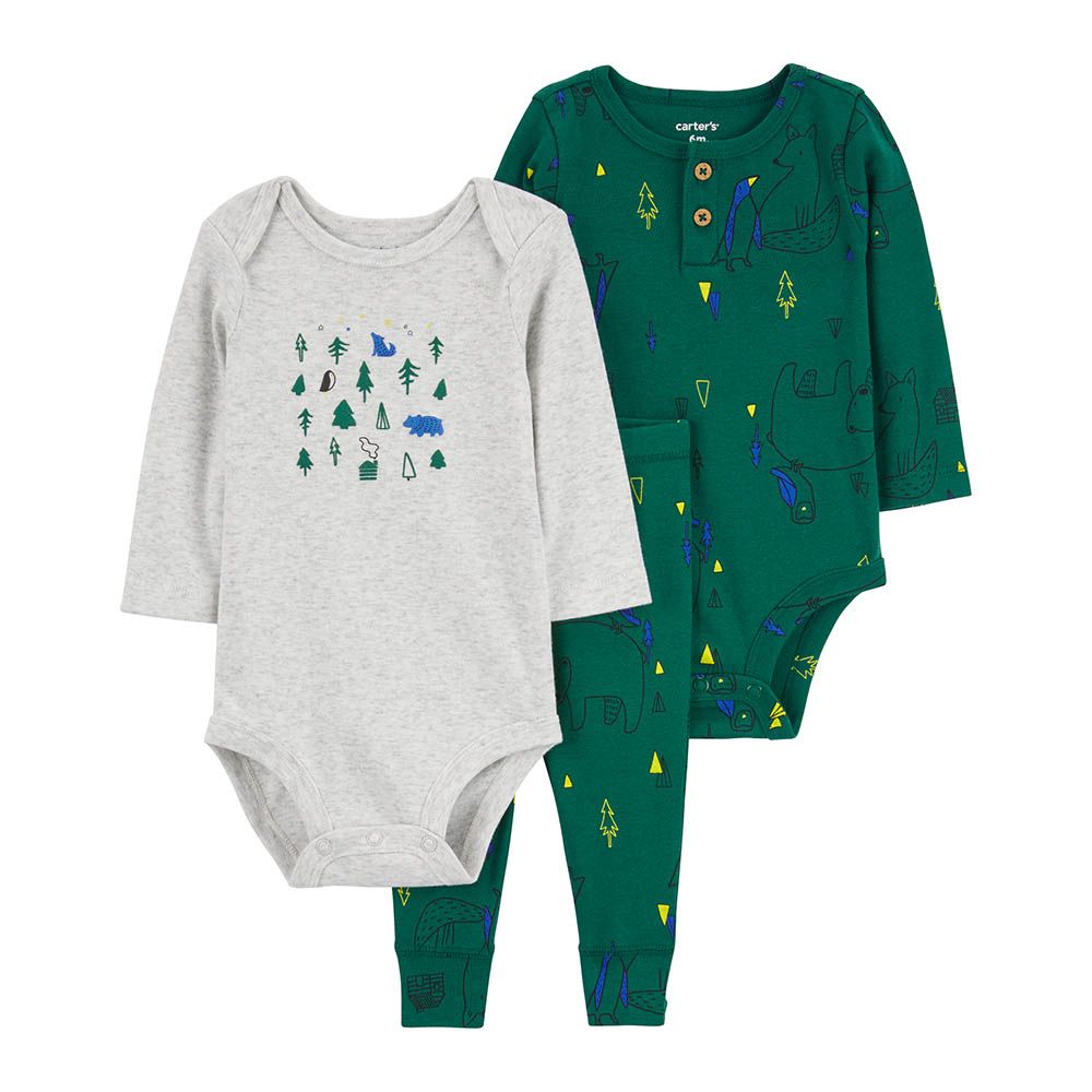 Carters - 3pc-Set - Outdoor Print Little Character Bodysuit And Pants - Green/Heather