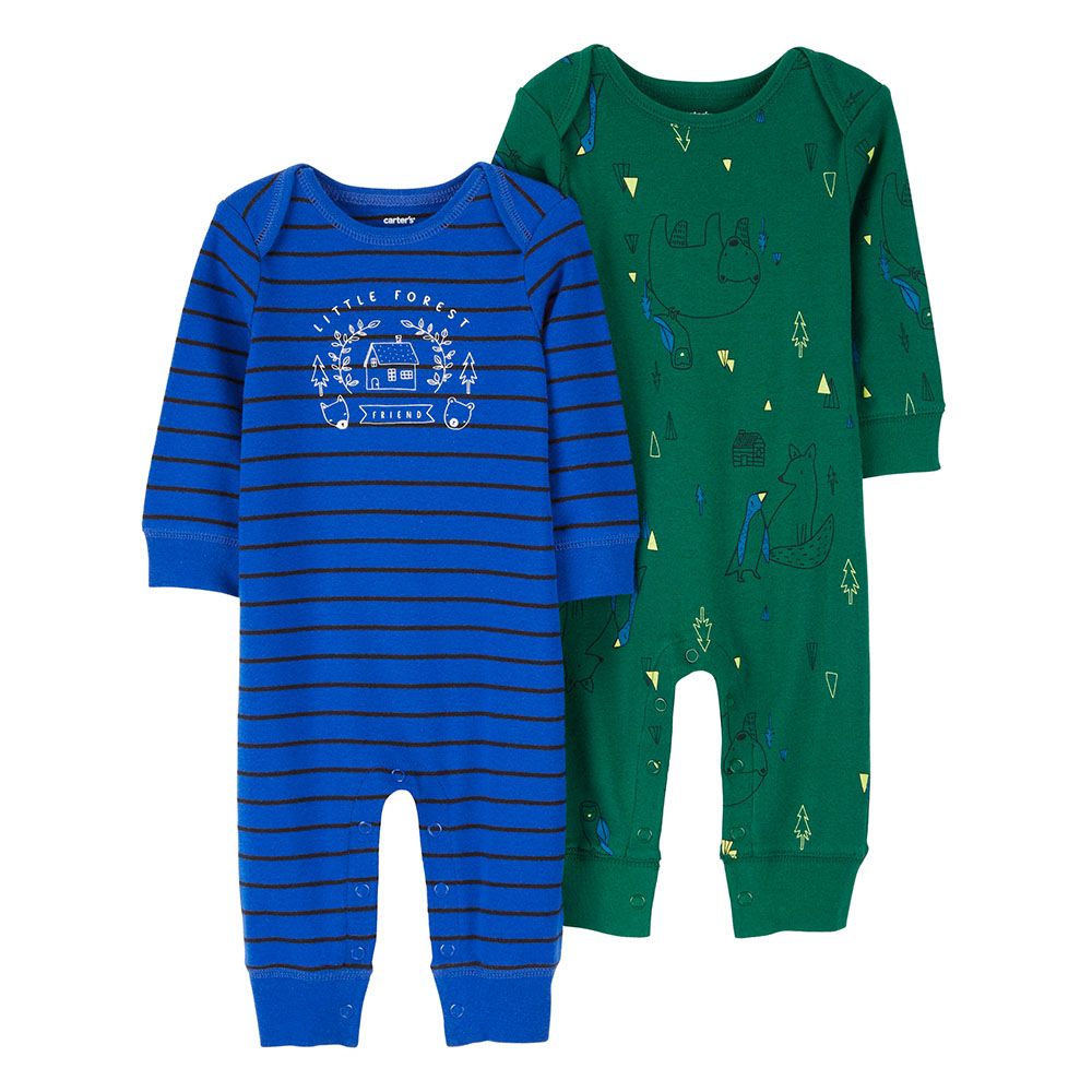 Carters - 2pc-Set - Cotton Printed Full Sleeves Jumpsuits - Blue/Green