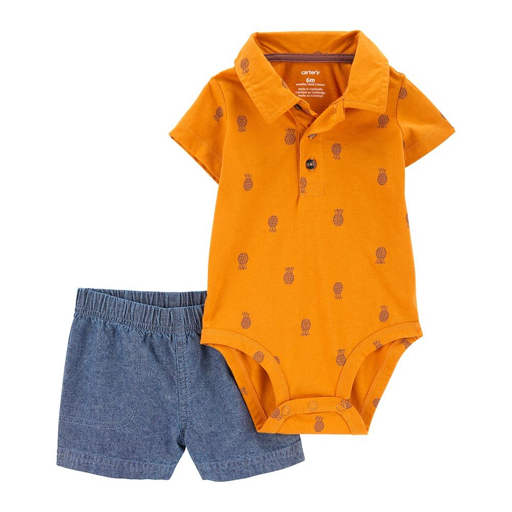 Carters - 2pc-Set - Pineapple Polo Bodysuit And Shorts - Yellow/Blue