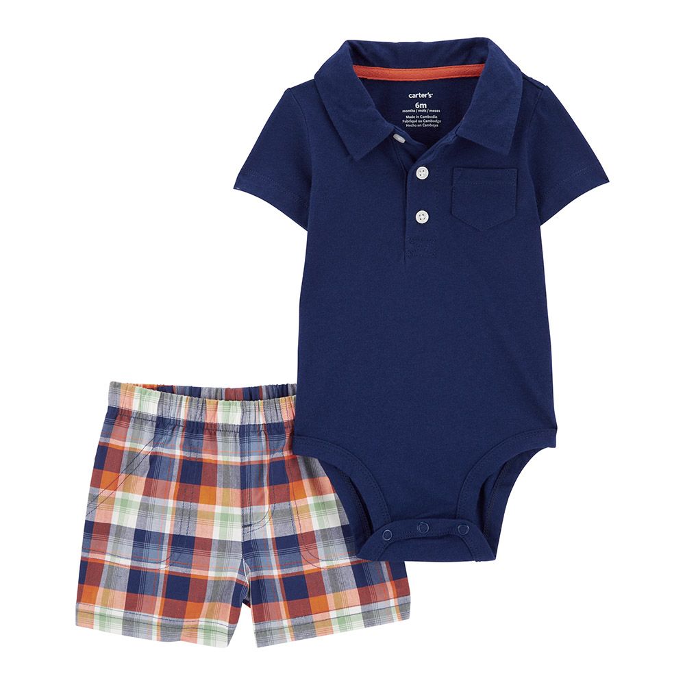 Carters - 2pc-Set - Polo Bodysuit And Plaid Shorts