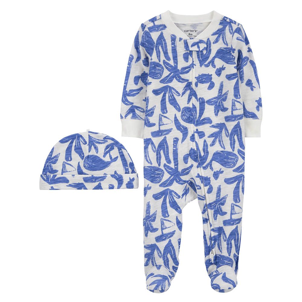 Carters - 2pc-Set - Whale Cotton Sleep And Playsuit And Cap - White/Blue