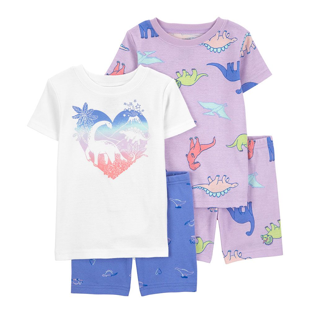 Carters - 4pc-Set - Dino Print T-Shirt And Shorts - Purple/White