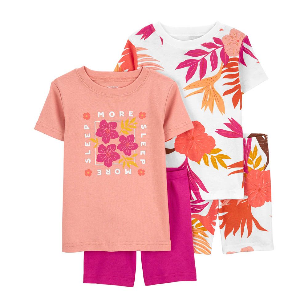 Carters - 4pc-Set - Floral T-Shirt And Shorts - Pink/Orange