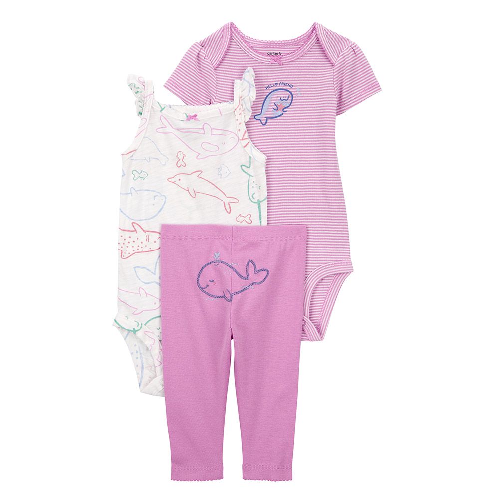 Carters - 3pc-Set - Whale Little Character Bodysuit And Pants - Purple/White