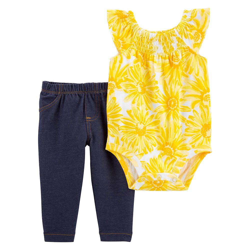 Carters - 2pc-Set - Floral Bodysuit And Pants - Yellow/Navy