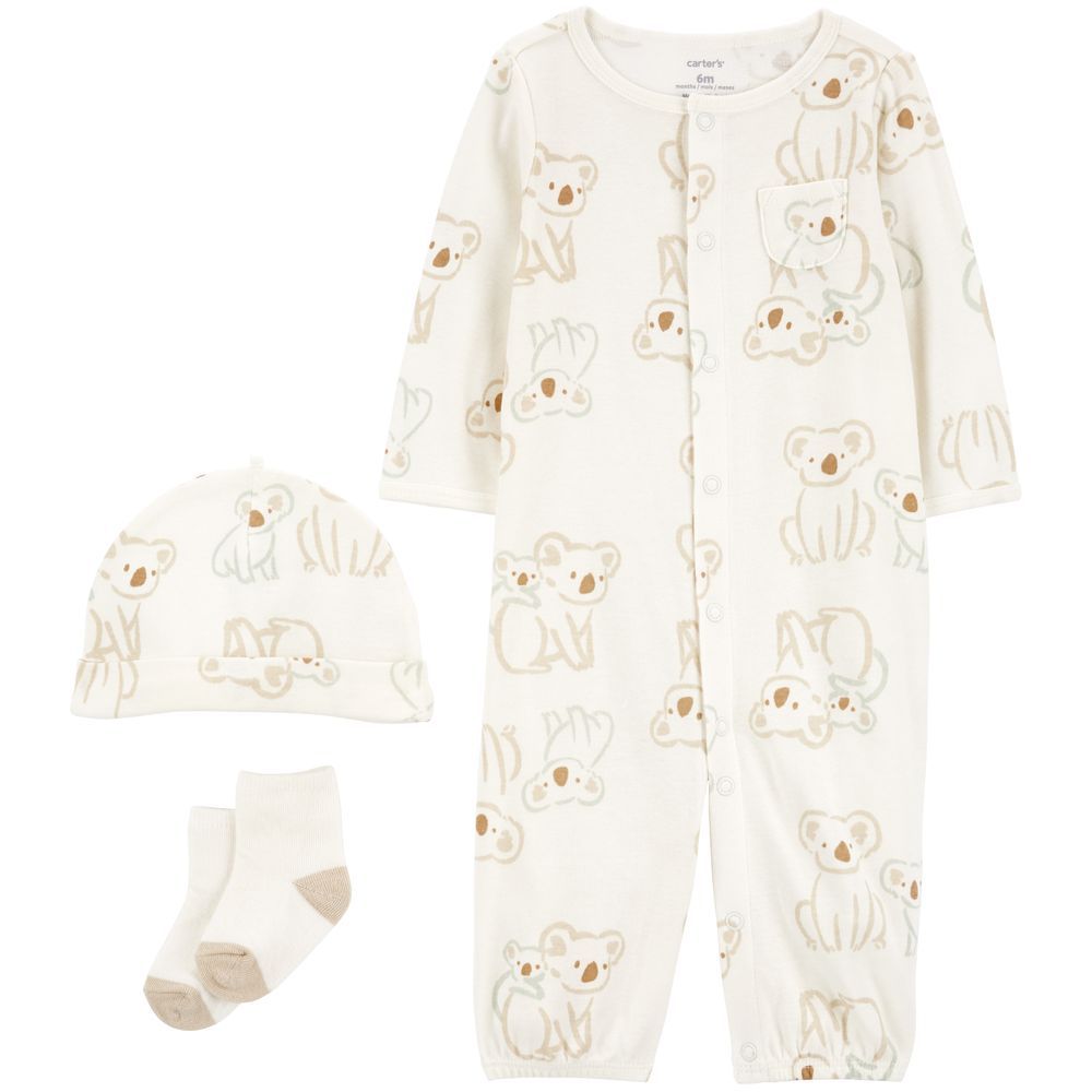 Carters - 3pc-Set - Koala Converter Gown, Cap & Socks - Ivory