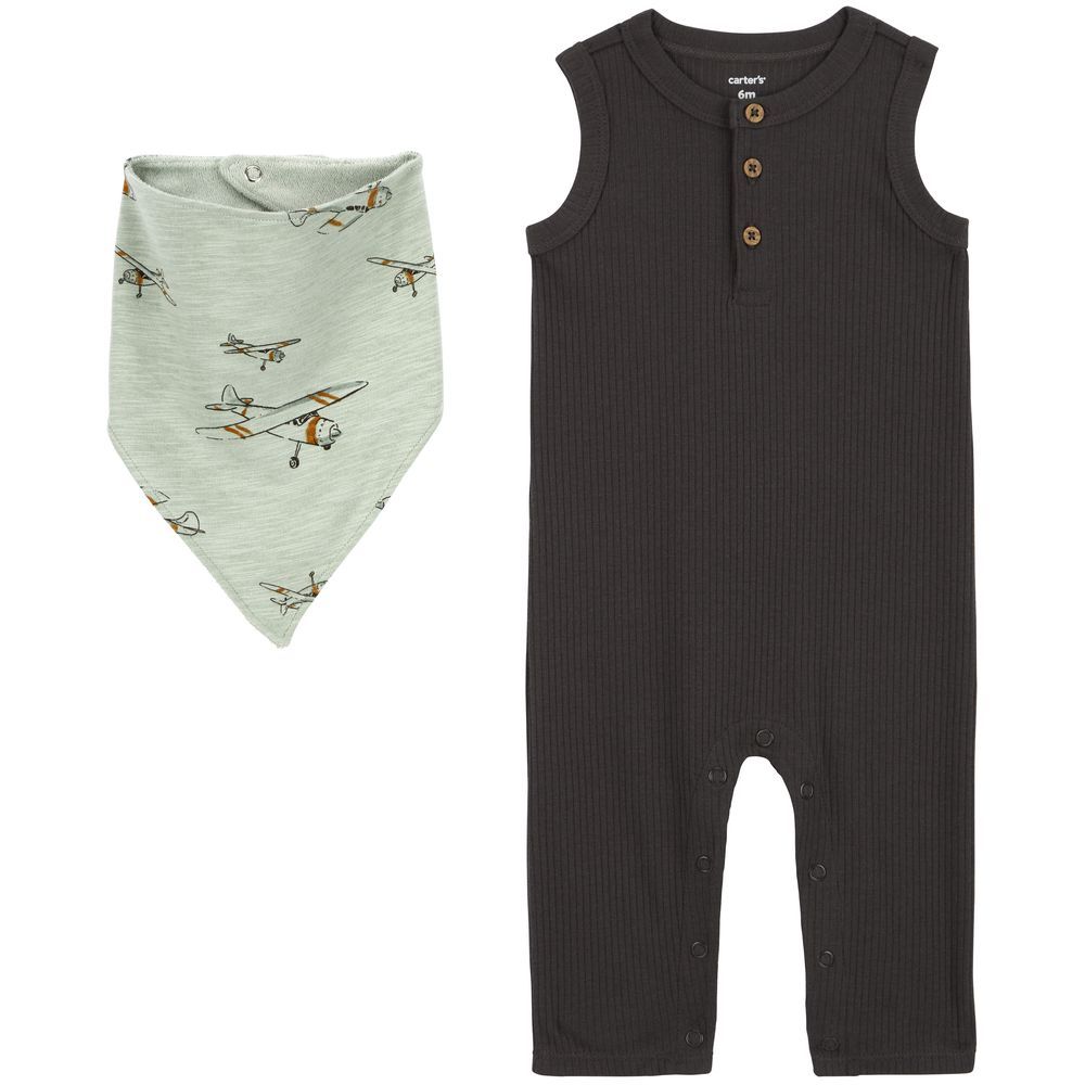 Carters - 2pc-Set - Sleeveless Jumpsuit & Bandana Bib - Grey