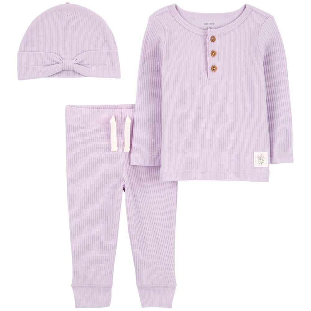 Carters - 3pc-Set - Drop Needle Outfit & Beanie Cap - Purple