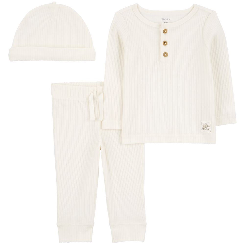 Carters - 3pc-Set - Drop Needle Outfit & Beanie Cap - White