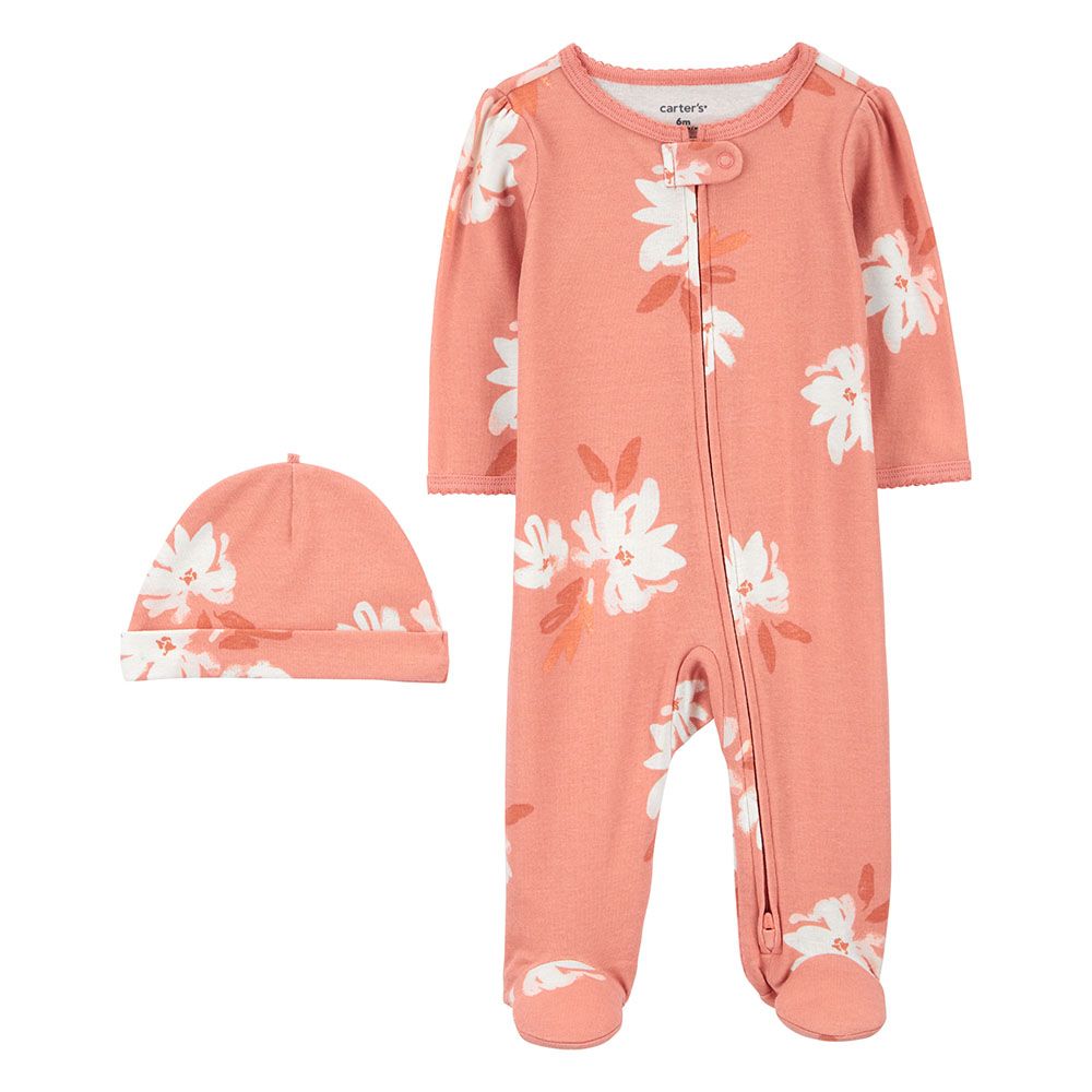 Carters - 2pc-Set - Girls Floral Sleep and Playsuit With Cap - Pink