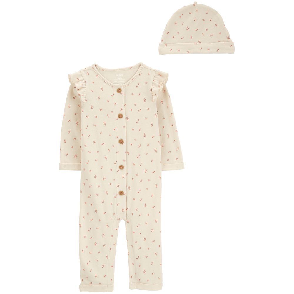 Carters - 2pc-Set - Button-Down Floral Jumpsuit & Cap - Ivory