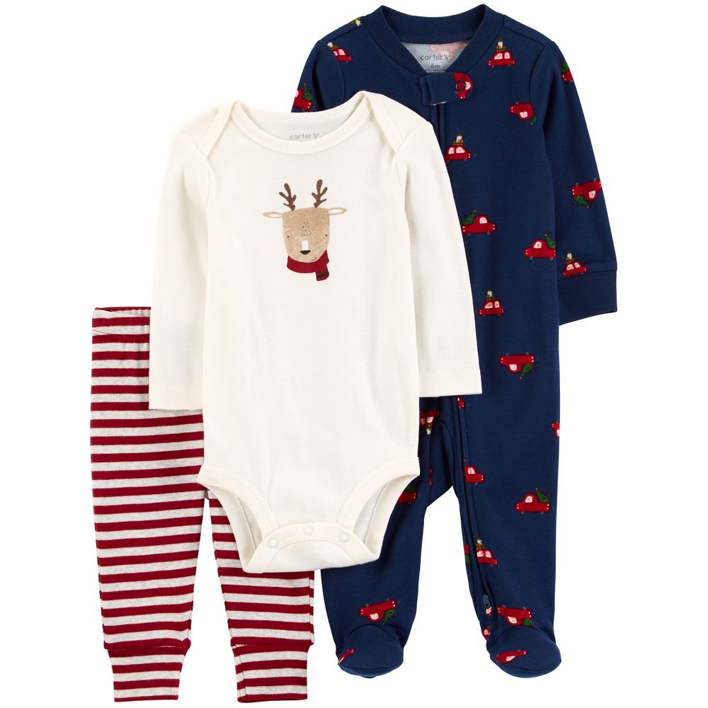 Carters - 3pc-Set - Reindeer Bodysuit, Sleepsuit & Pants - Navy