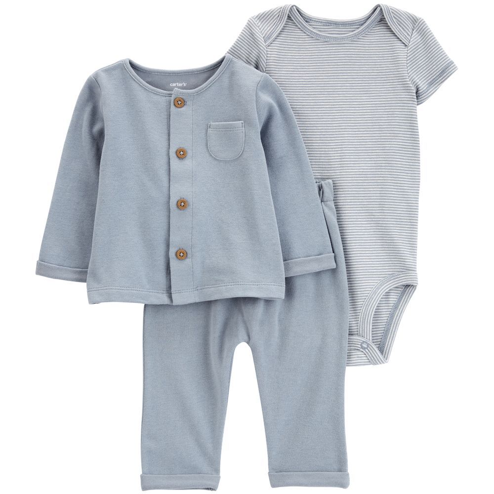 Carters - 3pc-Set - Baby Bodysuit, Little Cardigan & Pants - Blue