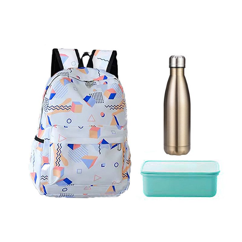 Star Babies - School Backpack W/ Eco Friendly Lunch Box W/ Fork & Spoon BPA Free, Stainless Steel  Water Bottle 500ml - White