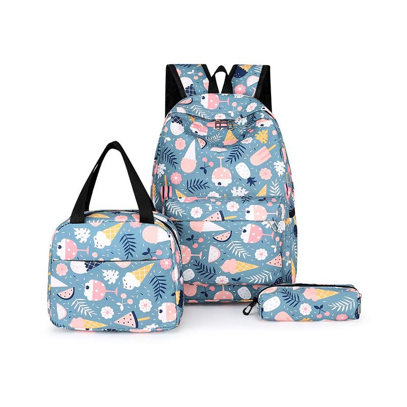 Star Babies - Preppy Style Rainbow Color School Backpack W/ Lunch Box Bag & Pencil Case - 3pcs Set - Blue