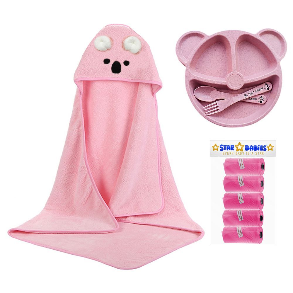 Star Babies - Microfiber Hooded Towel, Scented Bag 5pcs and Baby Plate - Pink