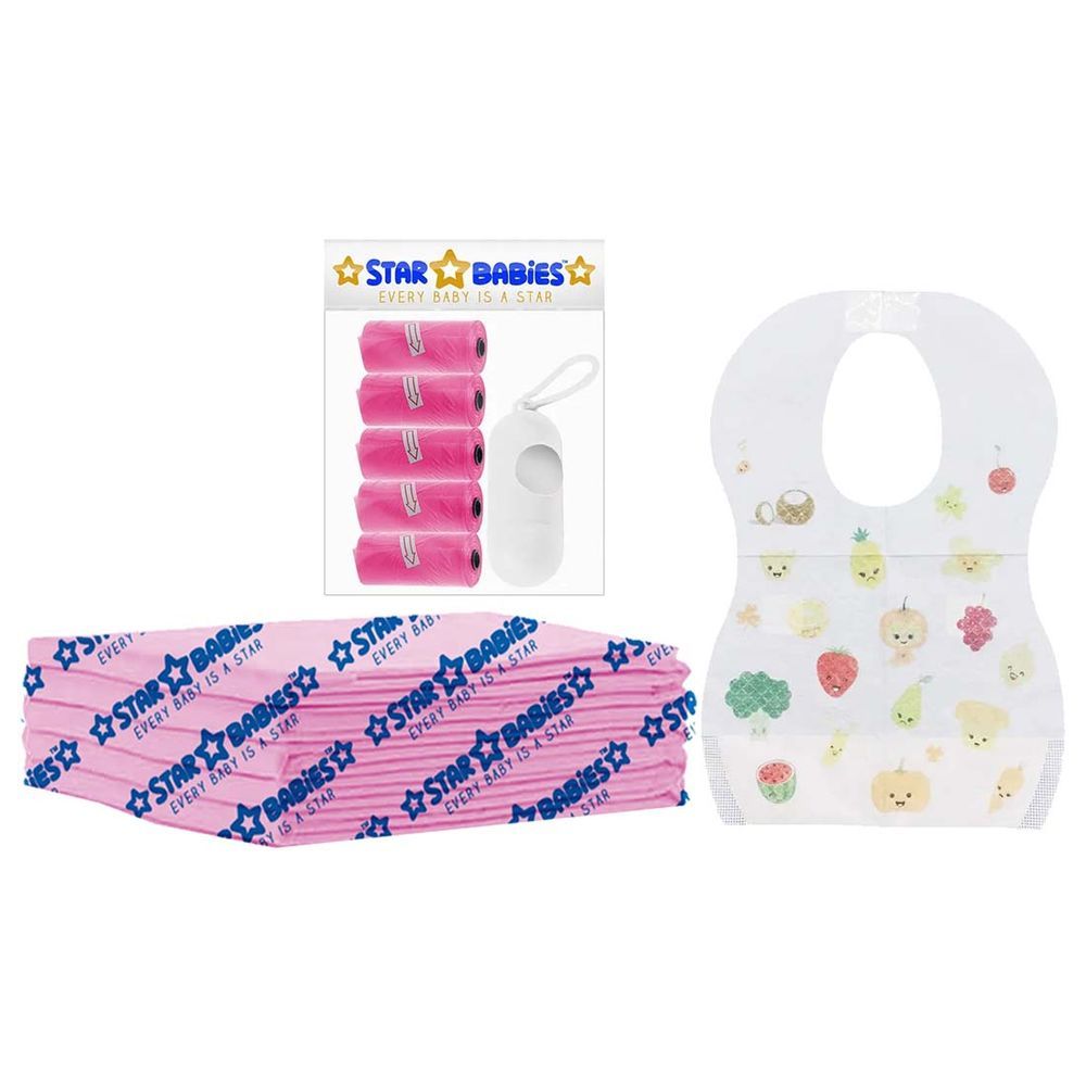 Star Babies - Disposable Changing Mat 5pcs, Bibs 5pcs, Scented Bag w/ Dispenser - Pink