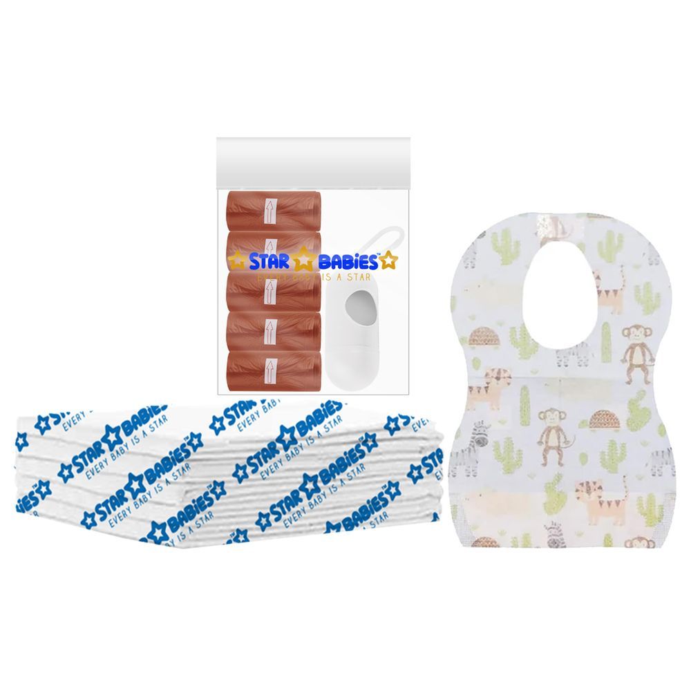 Star Babies - Disposable Changing Mat 5pcs, Bibs 5pcs, Scented Bag w/ Dispenser - Brown