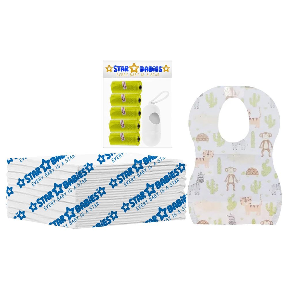 Star Babies - Disposable Changing Mat 8pcs, Bibs 8pcs, Scented Bag w/ Dispenser - Yellow