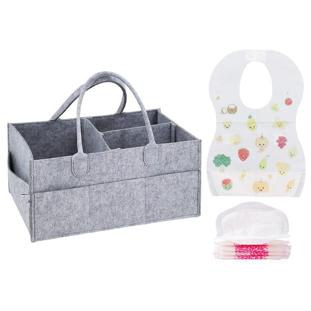 Star Babies - Caddy Diaper Bag w/ Breast Pad 5pcs & Disposable Bibs 5pcs - Grey