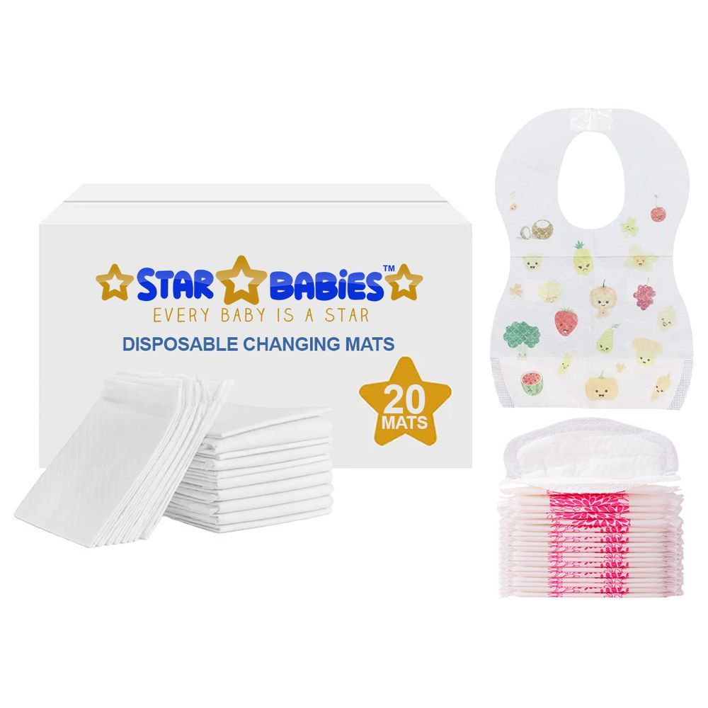 Star Babies - Changing Mat 20pcs w/ Breast Pad 20pcs & Disposable Bibs 20pcs - White