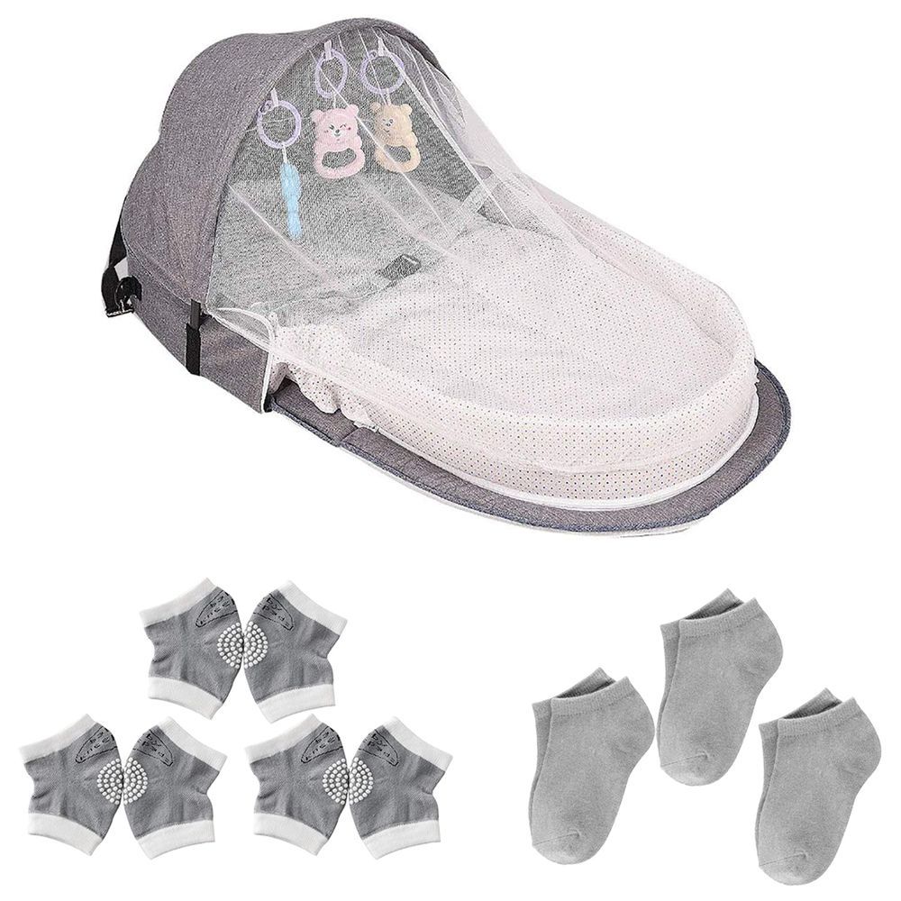 Star Babies - Mosquito Net Baby Bed w/ Kids Socks 3pcs & Baby Knee Pad 3pcs - Grey